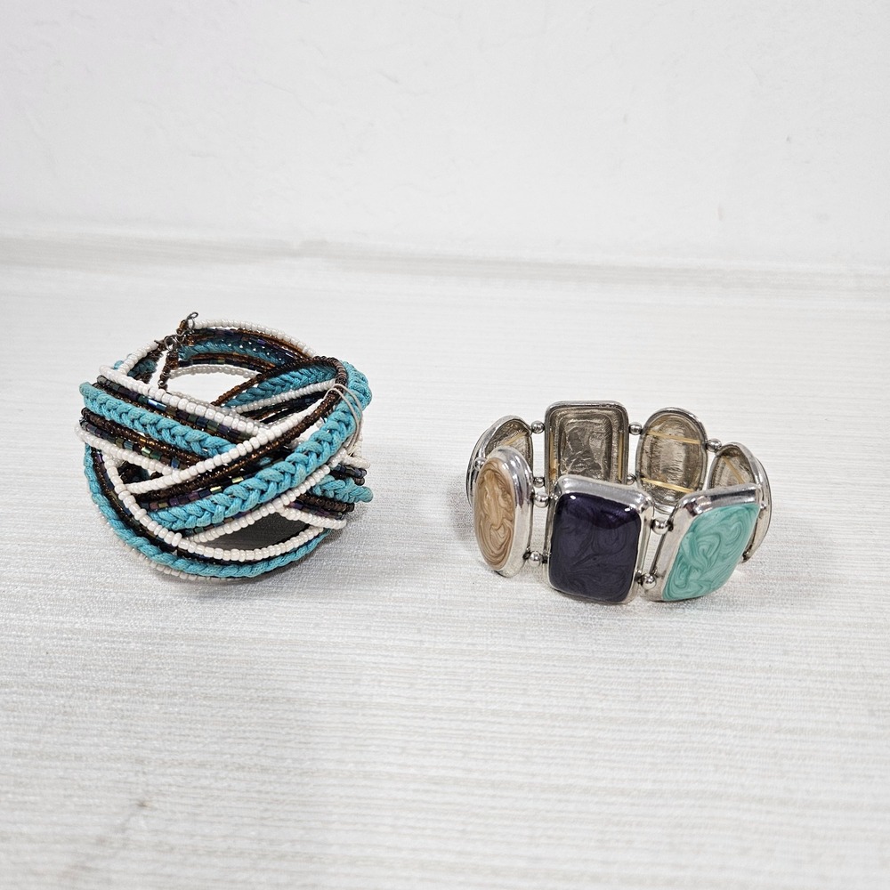 Sonoma Life Style Beaded Cuff & Enamel Stretch Bracelet Set Blue Purple Tan